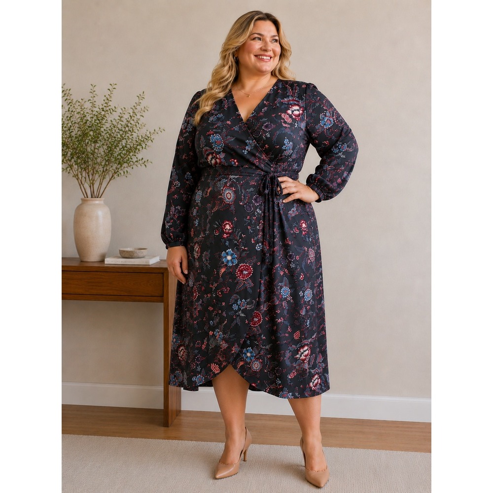 Loft Plus Floral Wrap Satin Dress Women 18 Gray Long Sleeve Midi Romantic Boho